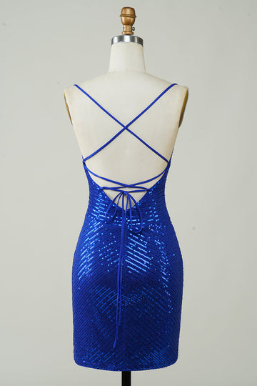 Glittrande Bodycon Spaghetti Remmar Kungsblå Paljetter Kort Homecoming Klänning